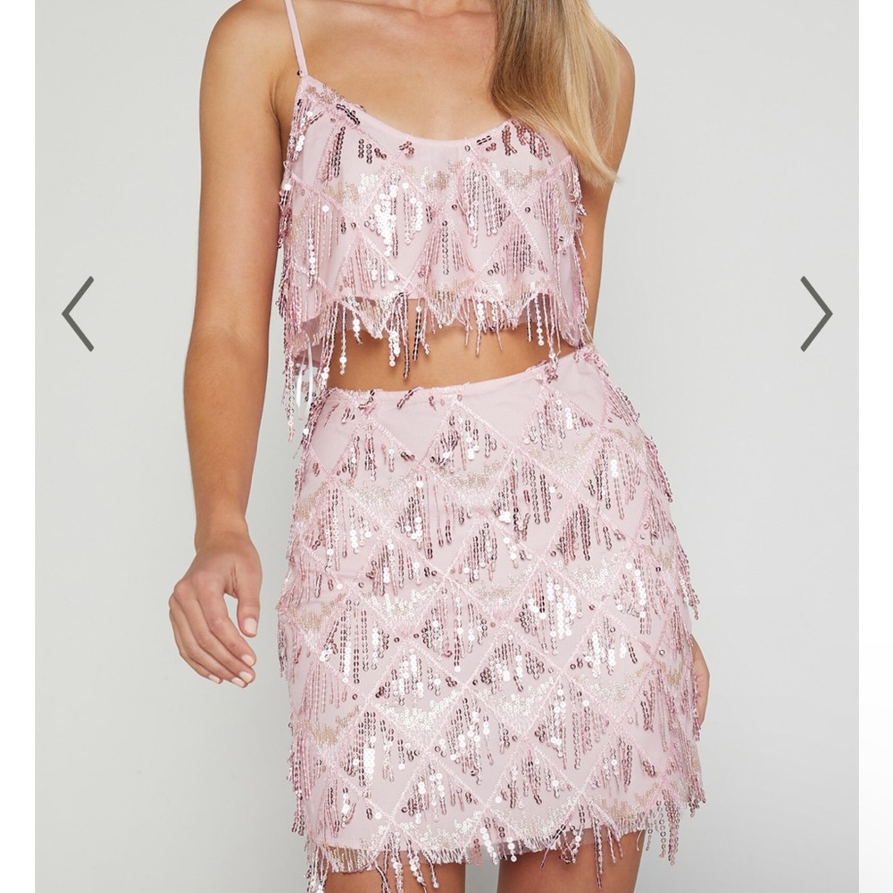Showpo SEQUIN DIAMOND MESH CROPPED Set in PINK
